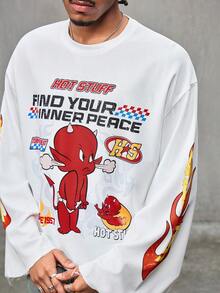 SHEIN HOT STUFF Men's Casual Letter & Cartoon Graphic Long Sleeve T-Shirt, Autumn - White - View 5
