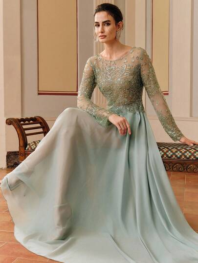 Anewsta Women's Elegant Long Sleeve Beaded & Sequin Embellished Dress, Suitable For Wedding, Party, Valentine's Day, Spring/Summer