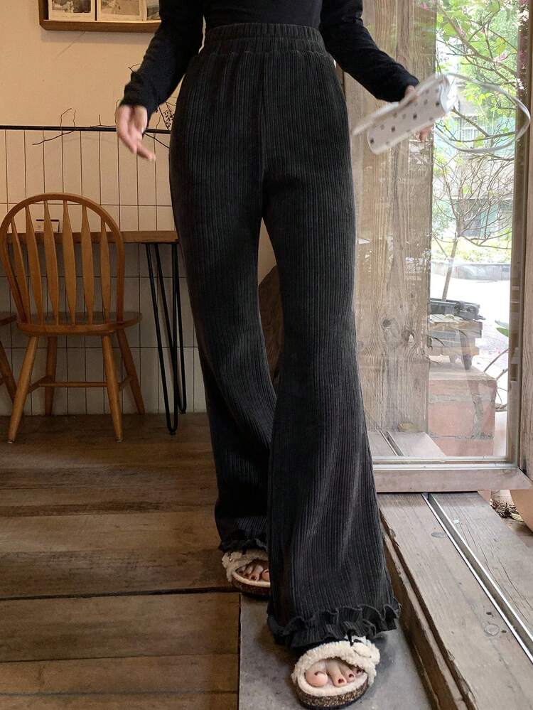 Women's Solid Color Corduroy Elastic Waist Flare Leg Pants With Ruffle Hem, Casual & Elegant, Spring/Autumn