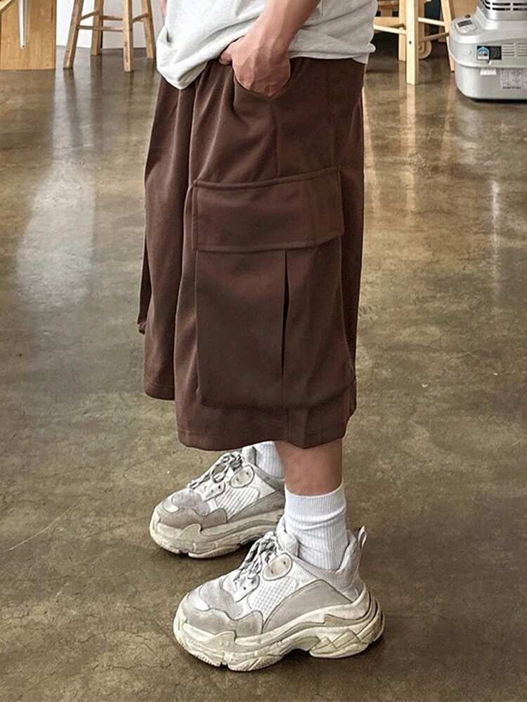 Men's Solid Color Cargo Loose Elastic Waist Shorts, Summer