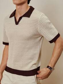Manfinity Homme Men's Casual Contrast Color Short Sleeve Knit Top, Summer - Apricot - View 4