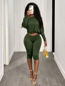 BamGleam Sexy Asymmetric-Shoulder Cinched Waist Long Sleeve Crop Top And Pants Set - Olive Green - View 5