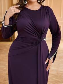 SHEIN Clasi 大码纯色圆领褶皱优雅长袖连衣裙 - 紫色 - 查看 8