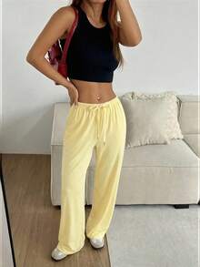 SHEIN EZwear Women's Soft Knit Cream Yellow Lounge Pants, Spring/Summer