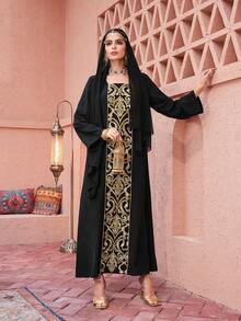 Al Najma Elegant  Arabic Style Gold Thread Embroidery Patchwork Maxi Dress For Women - Black - View 4