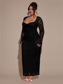 SHEIN BAE Đầm ren dài tay cỡ lớn dành cho nữ, đầm thanh lịch. - màu đen - Xem 5