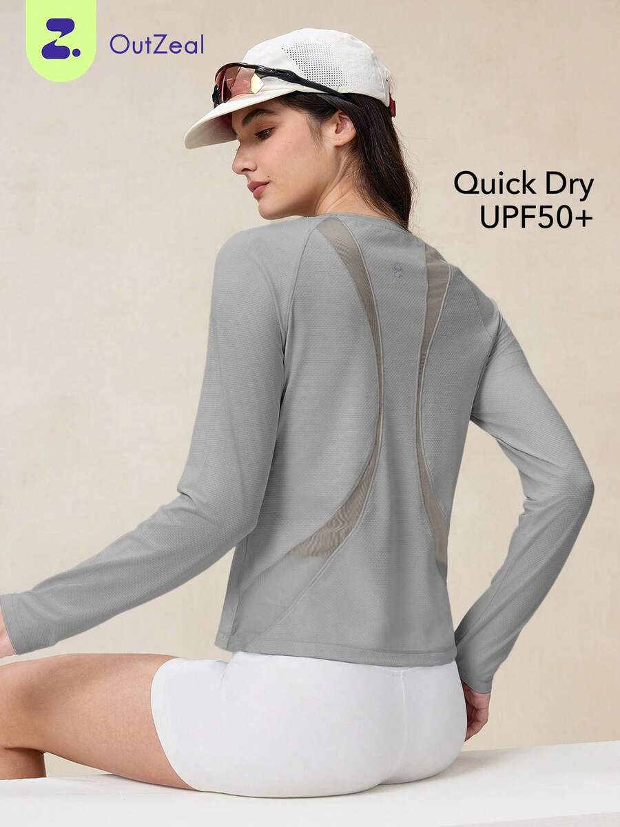 OutZeal 女士户外T恤跑步健身速干防紫外线长袖后背网眼户外上衣 - 灰色 - 查看 1
