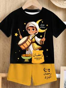 SHEIN 2pcs/Set Casual Cartoon Cute Star & Moon Print Arabic Style Round Neck Short Sleeve Shorts Set, Suitable For Spring/Summer, Party - Multicolor - View 2