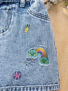 SHEIN Váy jean denim cho bé gái, kiểu dáng mới mùa xuân thu, váy denim xanh nhạt thêu cầu vồng dễ thương, chất liệu cotton denim thoải mái, đa năng cho đi học và đi làm, váy denim cho bé gái. - Rửa trung bình - Xem 7