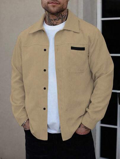 Manfinity Homme 男士衬衫外套 男士前扣长袖口袋简约衬衫夹克 休闲日常装 男士夹克 男士衬衫外套 秋冬男士夹克 男友礼物 出门保暖长袖休闲灯芯绒法兰绒外套