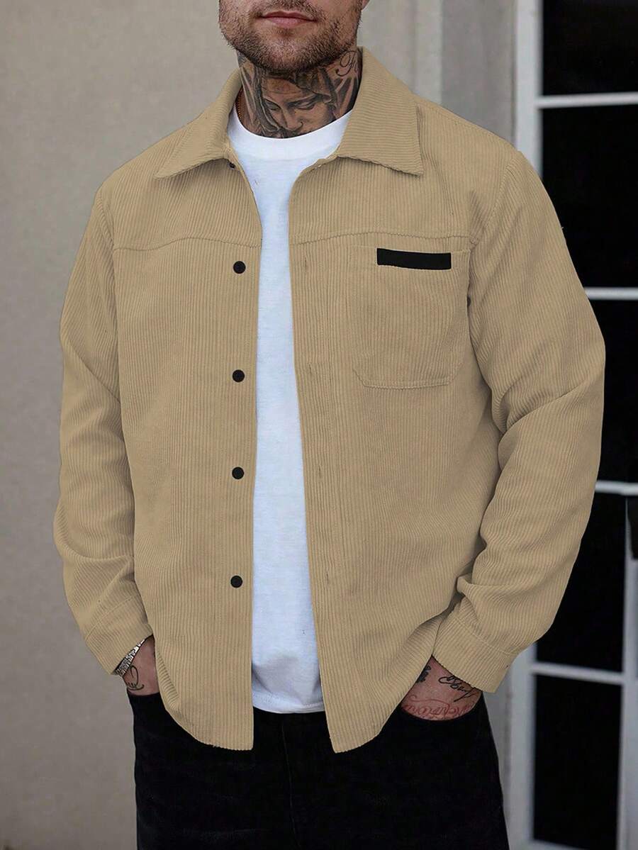 Manfinity Homme Men's Shirt Jacket, Men's Front Button Long-Sleeved Pocket Simple Shirt Jacket, Casual Daily Wear, Men's Jacket, Men's Shirt Jacket, Autumn And Winter Men's Jacket, Boyfriend Gift, Go Out Warm Long-Sleeved Casual Corduroy Flannel Jacket Men Button Up Shirt Men Overshirt Men Shacket Tan Button Up Shirt Men Beige Button Up Men - Khaki - View 1