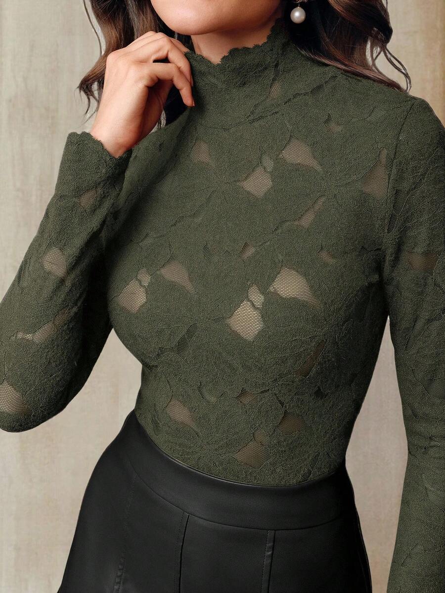 Anewsta Áo lót dài tay ren mỏng nhẹ, thanh lịch, thời trang, gợi cảm, đa năng, phù hợp cho mùa thu, đông, xuân, năm mới, tiệc tùng, đám cưới. - Màu xanh Ô liu - Xem 1