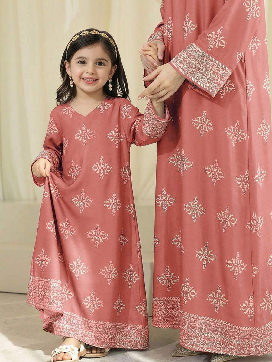 Soft Taro Pink, Traditional Elegant Dignified Golden Floral Print, Young Girls Casual Minimalist Traditional Arabic Dress Suitable For Spring/Summer Daily, Festivals, Outings, Elegant Dignified Long Sleeve Arabic Maxi Dress, Prayer Abaya, Easy Comfort, Casual Wear, Vacay Vibes, Modest Kaftan, Kids Jalabiya - White - View 1