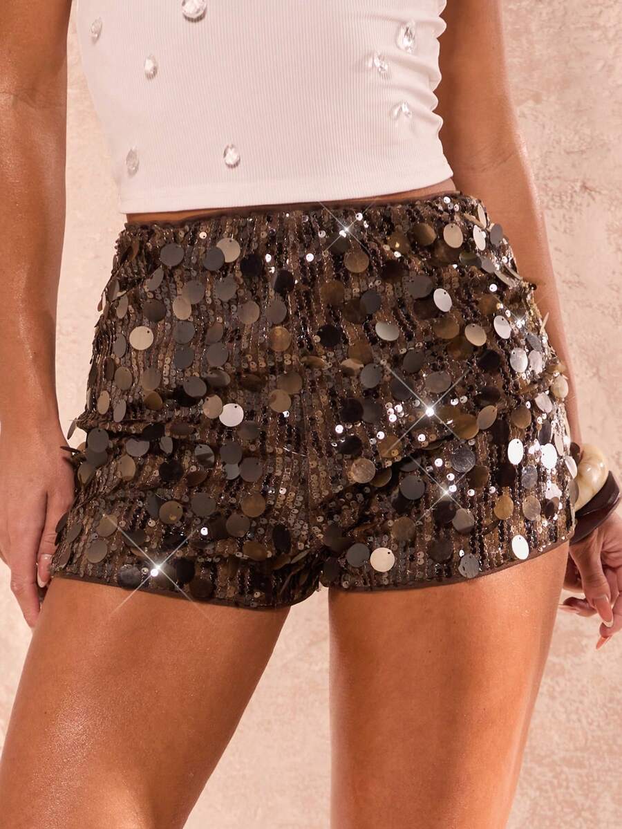 Glamine Women's Fashionable Sequin Side Zipper Party Shorts, Summer - Brown - View 1