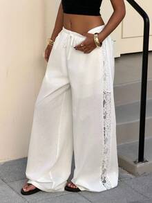 Muchica 白色编织蕾丝拼接阔腿裤