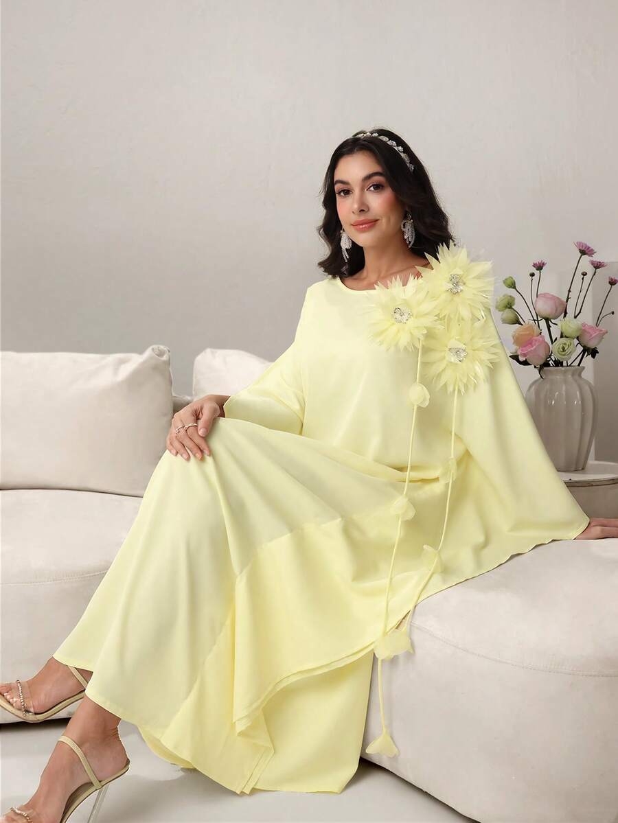 SHEIN Najma Women's Long Sleeve Tunic With 3D Floral Decor, Turkish & Arabic Traditional Style