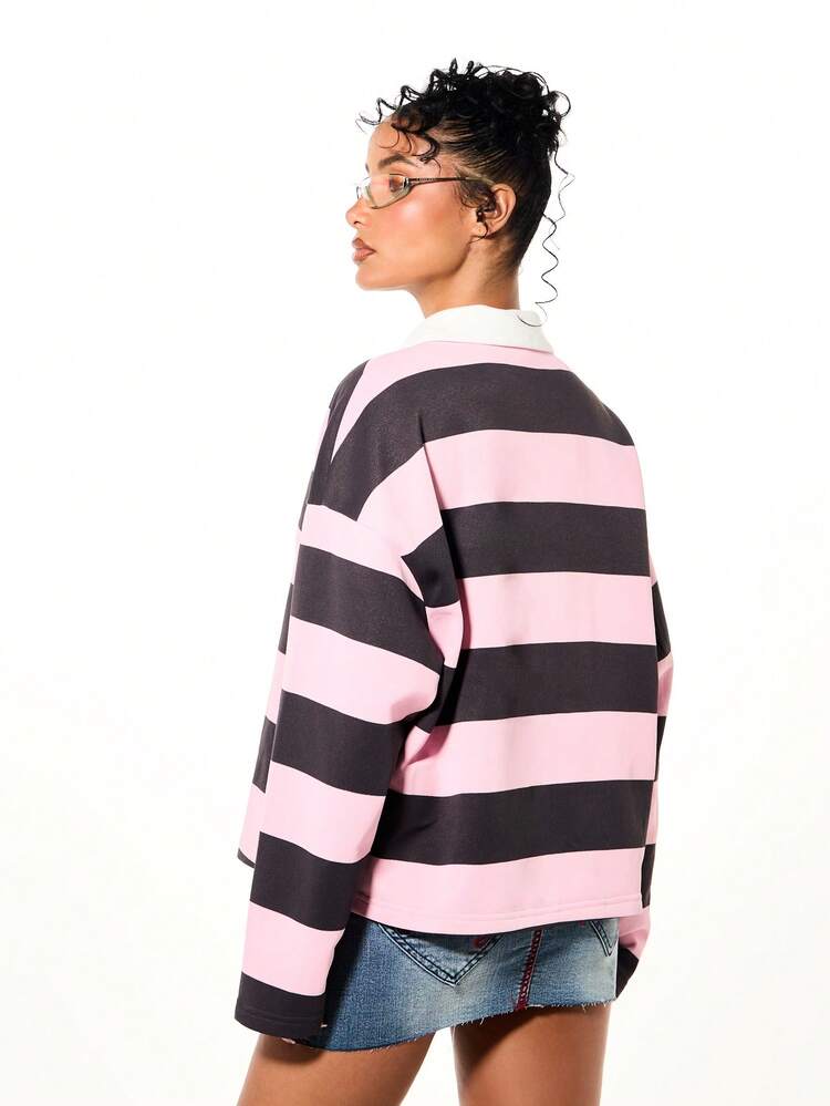 BABYPHAT Horizontal Stripe Long Sleeve Rugby Polo Top With White Collar And Number Print For Casual Everyday Wear Spring Fall Oversized Jersey Streetwear Women 90s Striped Long Sleeve Top