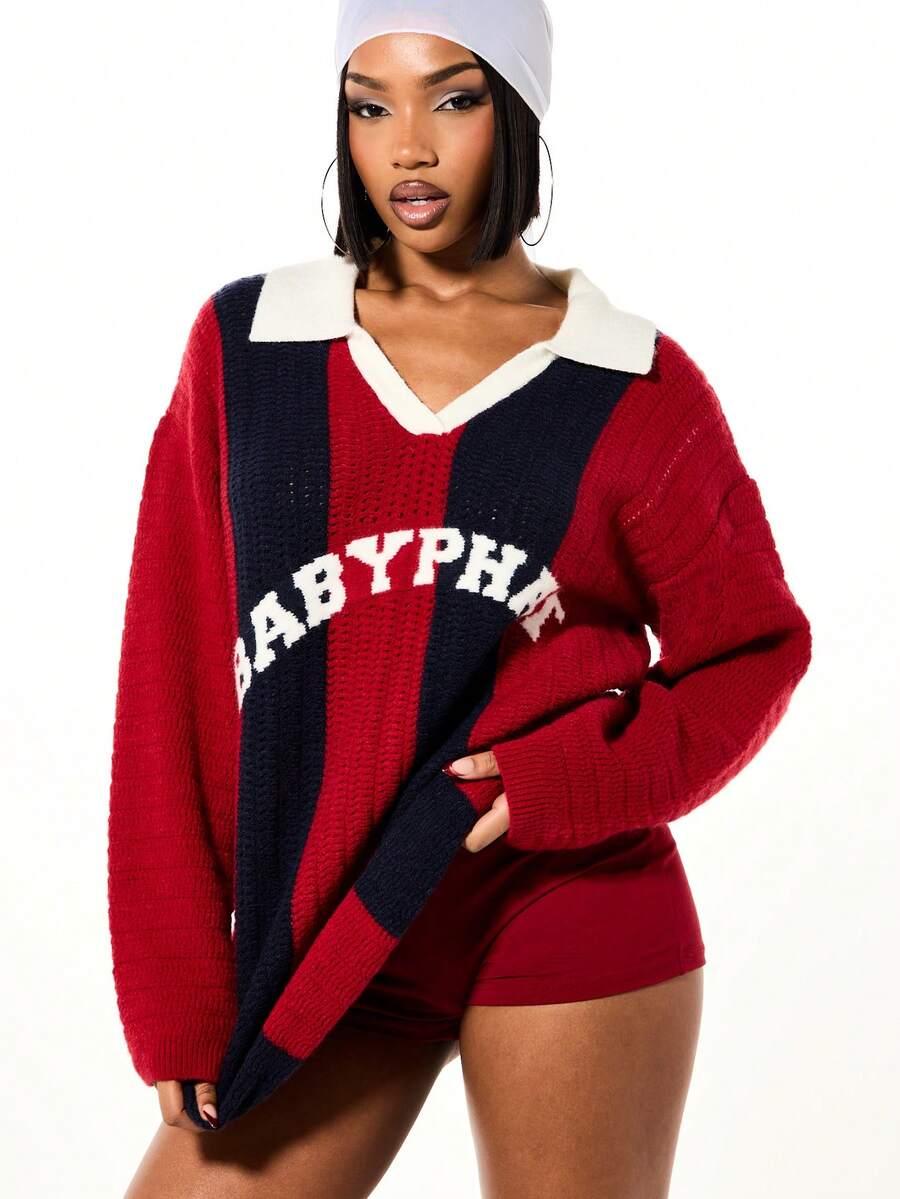 BABYPHAT Áo len polo dáng rộng, dày dặn, cổ trắng và chữ in, thích hợp mặc nhiều lớp vào mùa thu đông. Áo len dáng rộng có cổ, áo len nữ màu đỏ và xanh navy, áo len đỏ. - Nhiều màu - Xem 1