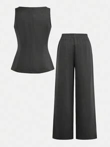 SHEIN Serisse Kids 少女通勤休闲纯色圆领无袖上衣和直筒裤套装 - 灰色 - 查看 6