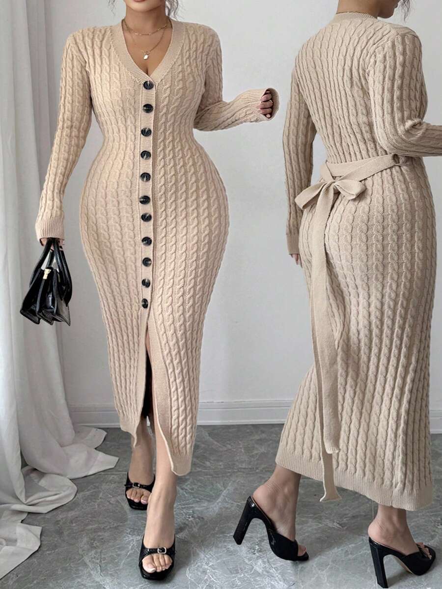 Elenzga Women's Plus Size Loose Fit Maxi Knit Sweater Dress, Elegant Long Sleeve Plus Size Dress, Outerwear For Spring Elegant Knit Dress Knit Long Sleeve Dress Long Sleeve Knit Dress Button Front Dress Maxi Knit Dress - Khaki - View 1