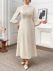 Modelyn Plus Size Elegant Solid Color Bell Sleeve Midi Dress, Suitable For Commuting - Apricot - View 4