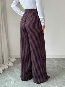 Modelyn Spring/Summer Casual And Elegant Commuting, Daily Dates, Birthday Parties, Office Attire, Simple High-Waisted Side Pockets, Wide-Leg Pants, Long Pants, Dark Wine Red, White Striped Woven Pants, Women's Long Pants Wide Leg Pants Pants Women Stripe Pants Palazzo Pants - Brown - View 6