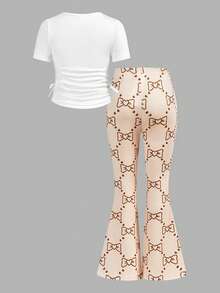 SHEIN 2pcs Young Girl Set: Black Round Neck Knit T-Shirt And Slim Fit Casual Pants,Streetwear Casual Game Day  Back To School