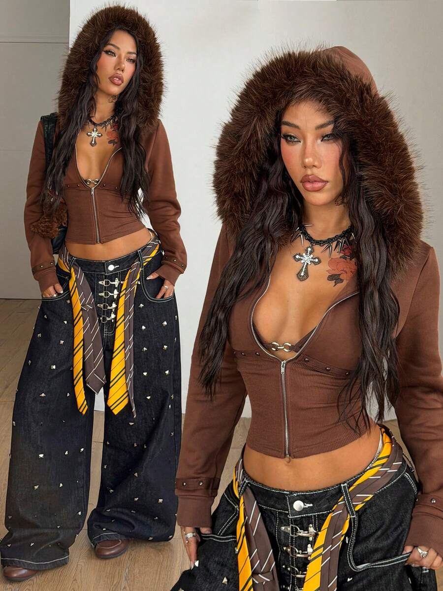 Coolane 女士秋季/四季节日嬉皮士科切拉街头休闲Y2K颓废铆钉毛领拉链连帽卫衣 - 棕色 - 查看 1