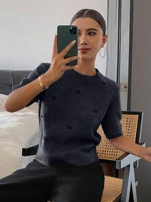 DAZY Heart Decor Loose Fit Short Sleeve Round Neck Casual Knit Top For Women, Spring/Autumn - Navy Blue - View 5