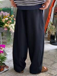 DAZY Navy Blue Striped Men's Suit Pants, Spring/Summer - Navy Blue - View 2