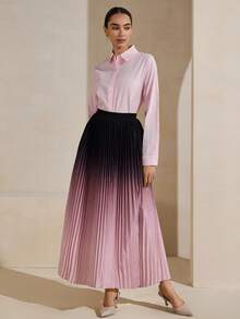 Graceveil Elegant Black To Pink Ombre Pleated Elastic Waist Women Skirt - Black - View 5