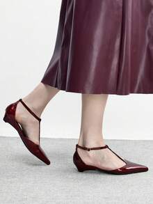 CUCCOO BIZCHIC 女士咖啡色尖头低跟露跟鞋，简约优雅百搭休闲通勤鞋，适合工作办公室穿着，春秋季 - 鏡面酒紅225 - 查看 5