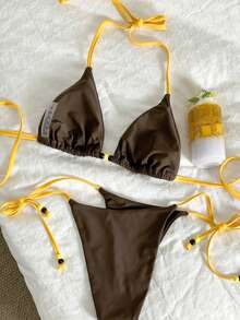 SHEIN Swim Vcay 女士串珠刺绣装饰露背系带性感比基尼套装，海滩度假 - 棕色 - 查看 2
