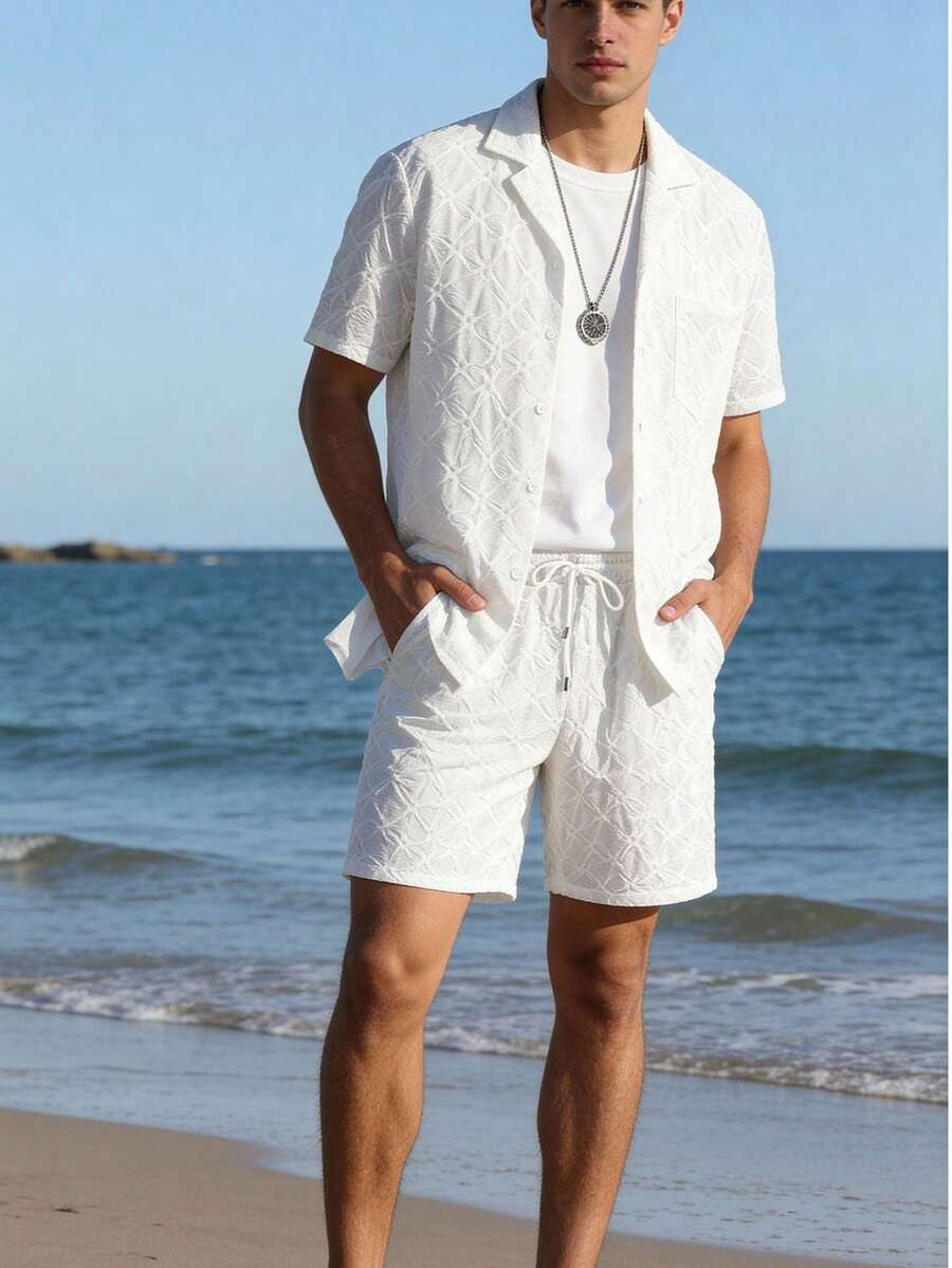 Manfinity Homme 2pcs Men's Fashion Casual Set,White Solid Color Patterned Polo Shirt+Drawstring Shorts,Summer Vacation Holiday,Suitable For Spring Daily Wear,Camping - White - View 1