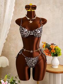Bonvoyette Women's 3-Piece Swimsuit Set, Sexy Leopard Print Pattern, Elegant Mature Style, Adjustable Straps, Suitable For Beach Vacation, Spring/Summer