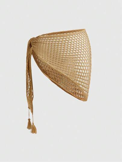 ROMWE Women's Vacation Style Beach Fringe Crochet Cover-Up & Skirt Set