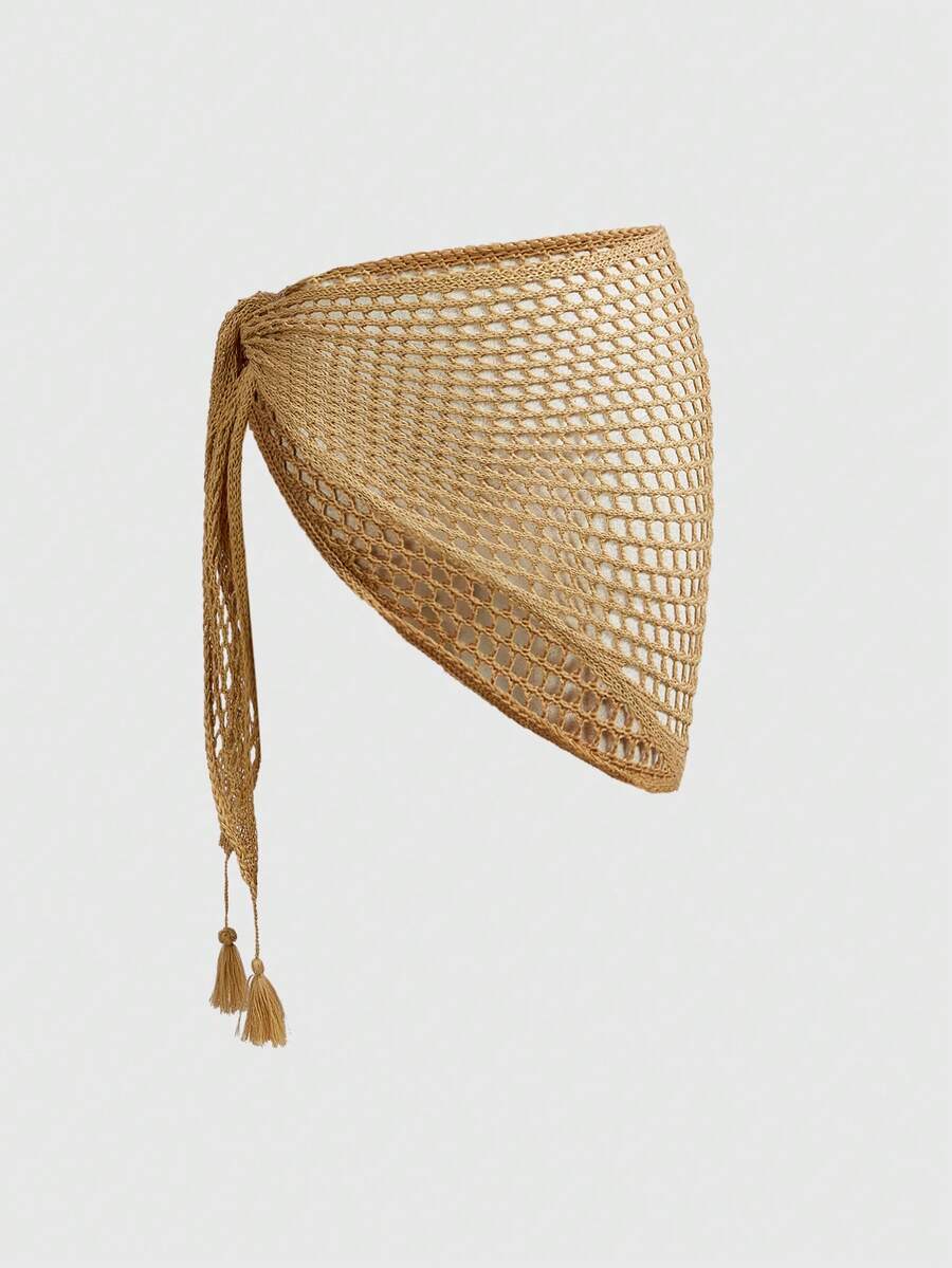 ROMWE Women's Vacation Style Beach Fringe Crochet Cover-Up & Skirt Set - Khaki - View 1