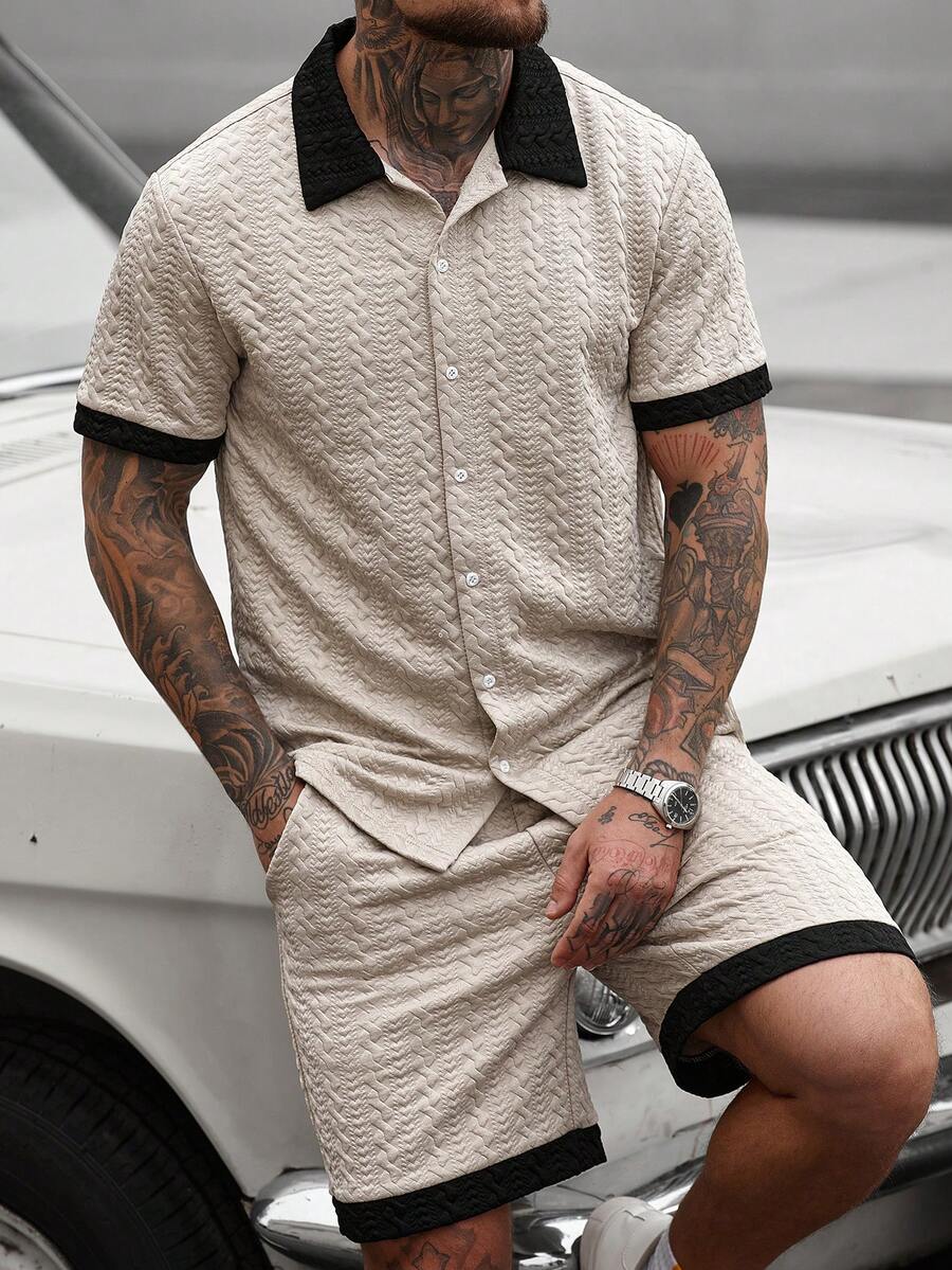 Manfinity CasualCool 男士休闲纹理短袖 Polo 衫和短裤套装，夏季 - 卡其色 - 查看 1