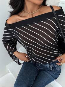 Siren Gaze Women's Striped Off-Shoulder Fashionable Versatile Commuting Long Sleeve Top - Black - View 5