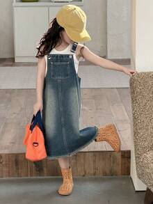 DAZY 女童宽松休闲牛仔背带裙，带口袋 - 藍色 - 查看 1