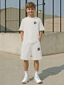 SHEIN White Teen Boys Letter Pattern Round Neck Half Sleeve Tee And Drawstring Track Shorts Set Everyday Casual Polyester Outfit - White - View 4