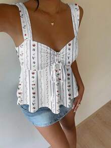 SHEIN EZwear 休闲条纹碎花白色抽绳吊带背心，可爱夏季外出度假上衣 - 彩色 - 查看 5