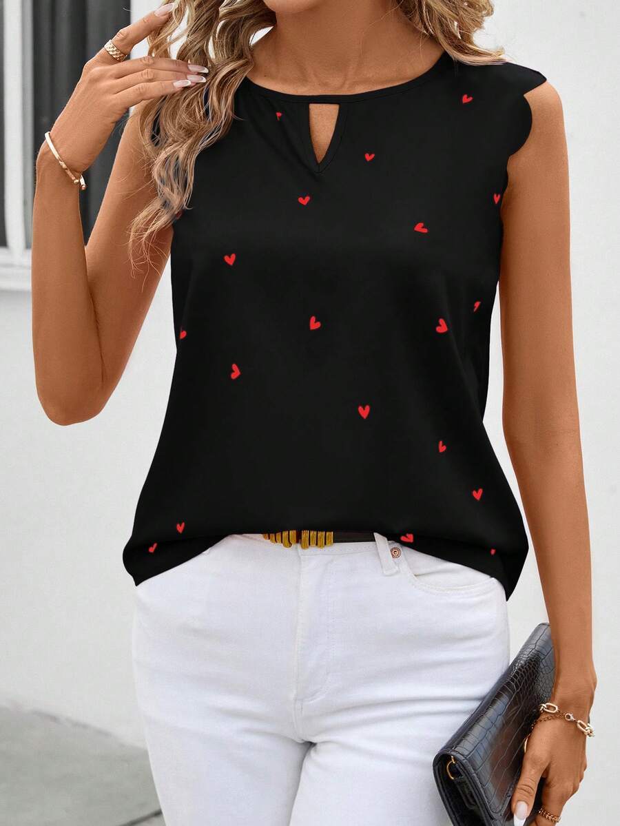 SHEIN Clasi Women's Sleeveless Heart Pattern Pink Cute Summer Wedding Blouse Queen Of Hearts Shirt Women Blouses Summer Cute Women Tops Strawberry Shirt Women Cherry Shirt - Red and Black - View 1