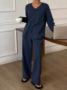 DAZY Comfortable Home Textured Chiffon Fabric Lace Trim Loose Women Pajama Set - Navy Blue - View 6