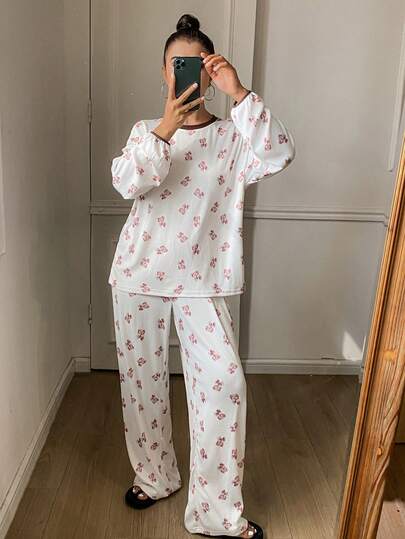 DAZY 2 st kvinnors pyjamasset med björntryck och långärmad t-shirt och byxor