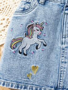 SHEIN Váy jean denim cho bé gái, kiểu dáng mới mùa xuân thu, váy denim xanh nhạt thêu cầu vồng dễ thương, chất liệu cotton denim thoải mái, đa năng cho đi học và đi làm, váy denim cho bé gái. - Rửa trung bình - Xem 4
