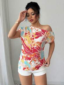 Elenzga Áo kiểu nữ dáng rộng, chất liệu vải in nhiều màu, vai chun, xếp ly, cổ xéo, thanh lịch và tinh tế, thích hợp cho Ngày Valentine, Lễ Phục Sinh, Ngày động, Sinh nhật, Hẹn hò, Tiệc tùng, Du lịch, Xuân/Hè. - Nhiều màu - Xem 4