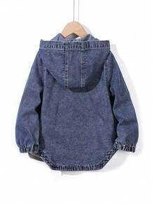 Girls' Light Blue Washed Denim Hooded Long Sleeve Jacket, Casual Loose Fit Denim Shirt Style Coat, Lightweight & Soft, Suitable For Daily Wear, School, Commute, Party, Home, Back To School Season - Dark Wash - View 2