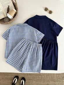 SHEIN Bộ đồ ngủ ngắn tay dáng rộng, cổ bẻ, kẻ sọc, 4 món cho bé trai, 2 kiểu dáng, 1 bộ 4 món. - Màu xanh lam - Xem 3