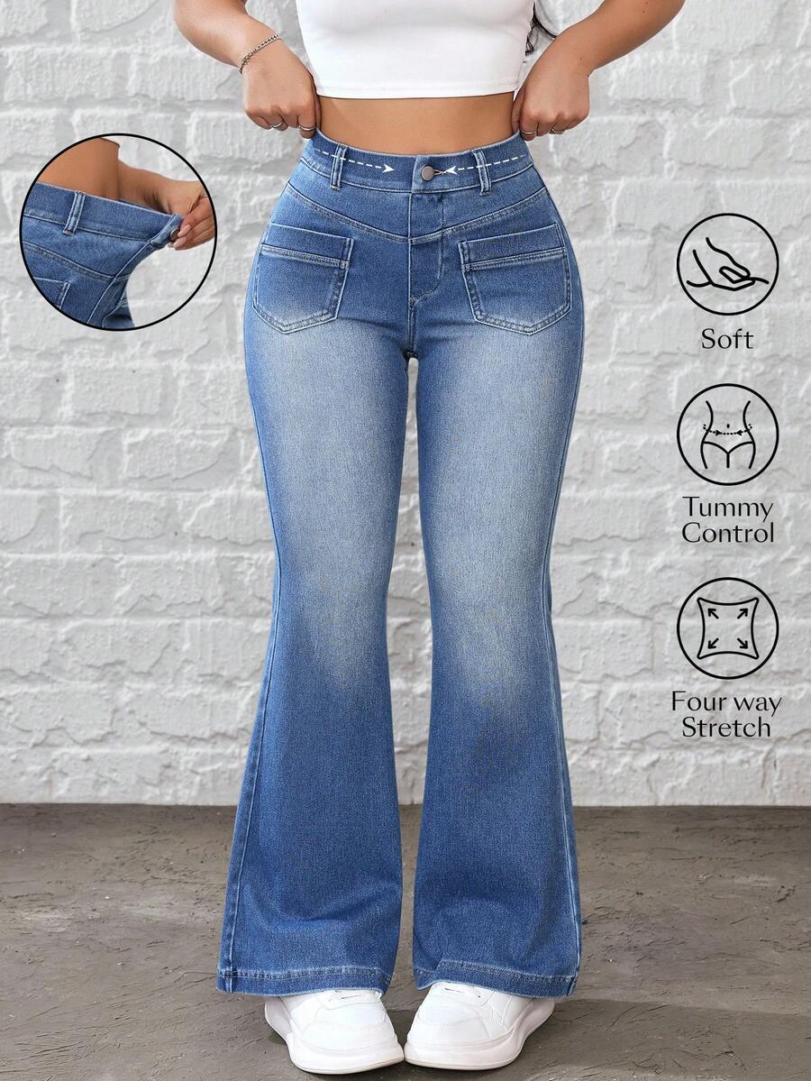 Flexra Quần jeans ống loe ôm vừa vặn, giặt thường ngày dành cho nữ - Màu xanh lam - Xem 1